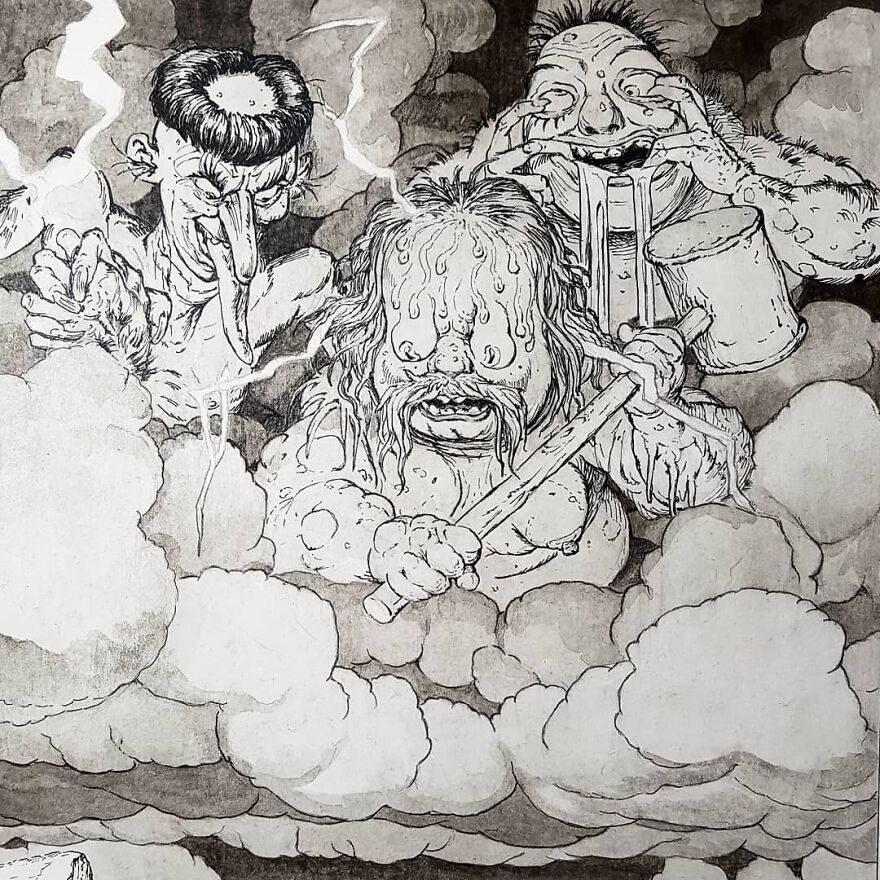 Haunting illustrations of otherworldly beings blending science, mystery, and story in a surreal, smoky environment.