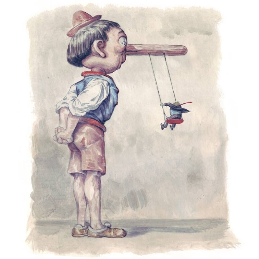 Haunting illustration blending science and mystery shows a character with a long nose acting as a swing for a small figure.