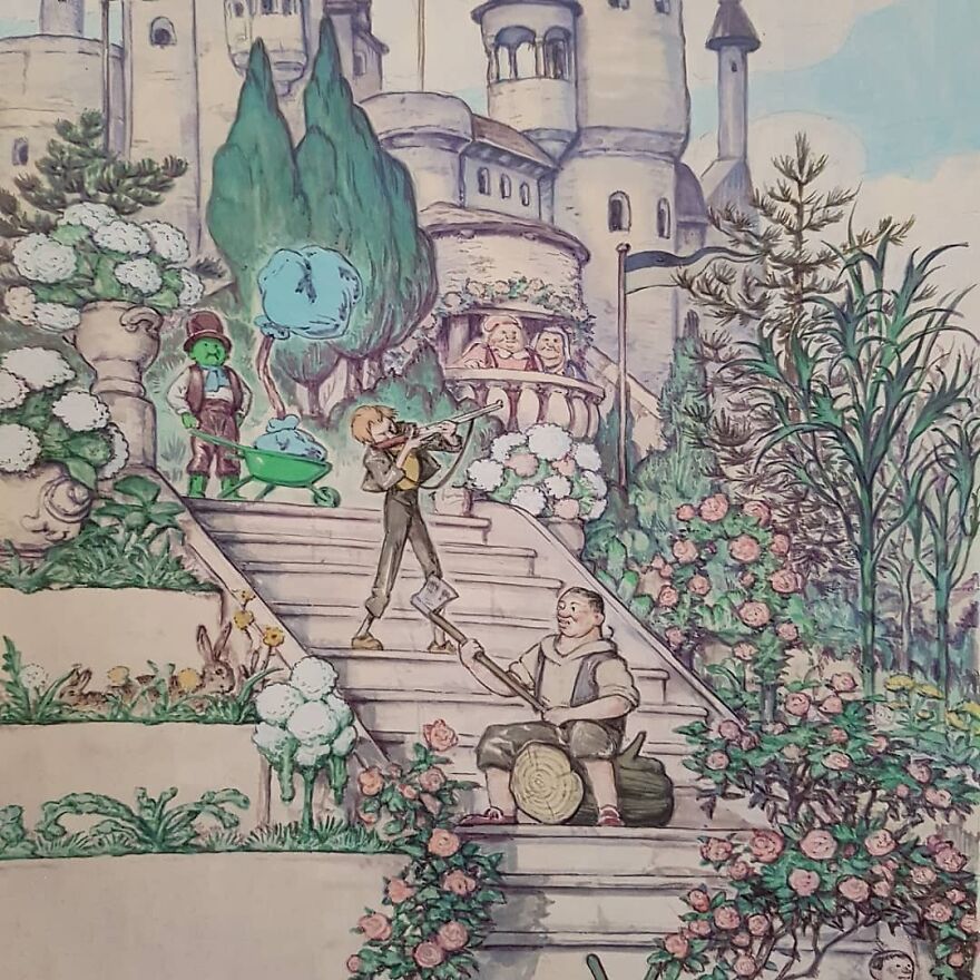 Haunting illustrations blending science and mystery featuring whimsical characters in a lush garden with a castle backdrop.