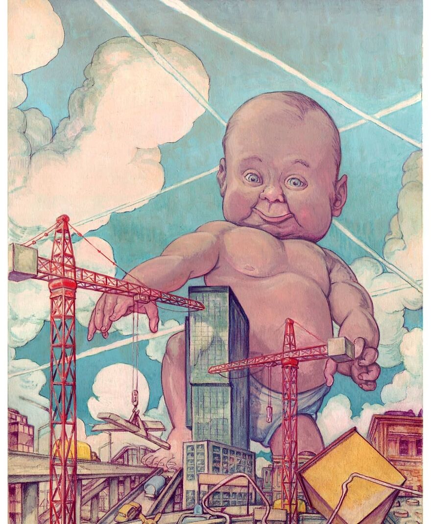 Surreal illustration of a giant baby among cranes and buildings blending science, mystery, and otherworldly worlds.