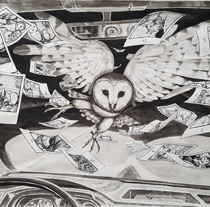 Monochrome illustration of a haunting owl flying inside a car surrounded by floating pages blending science, mystery, and story.