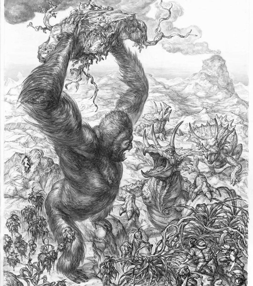 Haunting illustration blending science, mystery, and story with a giant creature battling horned beasts in an otherworldly landscape.