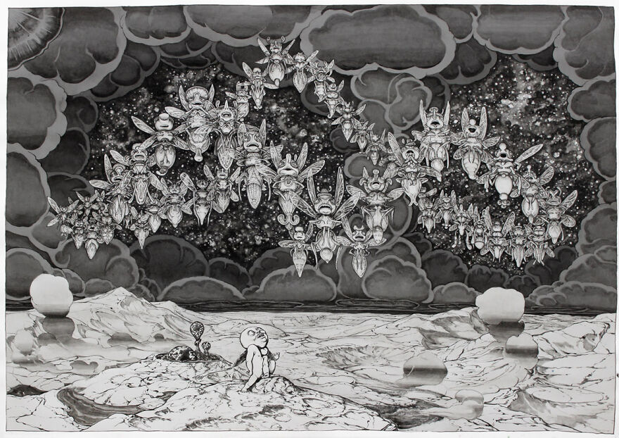 Otherworldly illustration blending science and mystery shows surreal creatures in space watching a lone figure on a barren landscape.