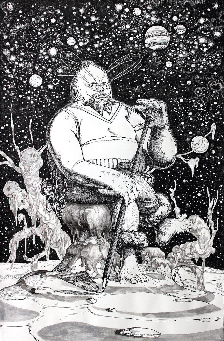 Haunting illustration blending science and mystery, depicting a surreal otherworldly figure in a cosmic landscape.