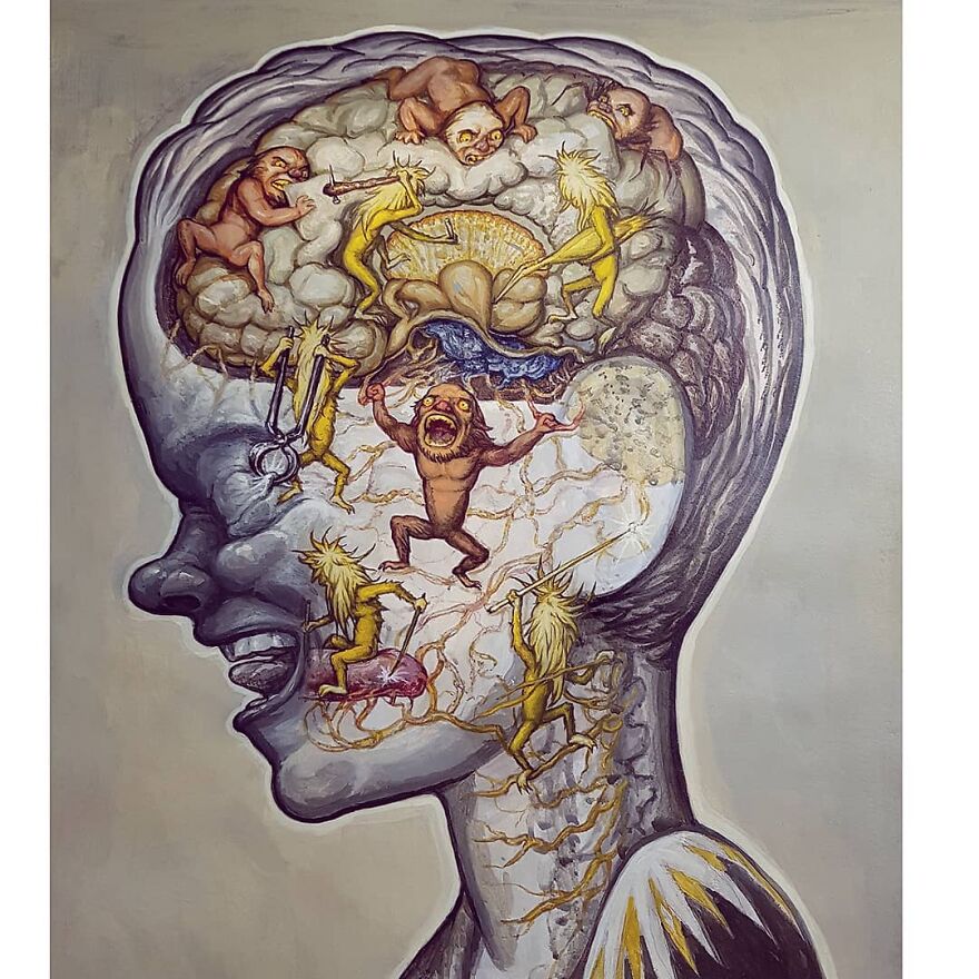 Surreal illustration of a human head with otherworldly creatures inside, blending science, mystery, and haunting art.