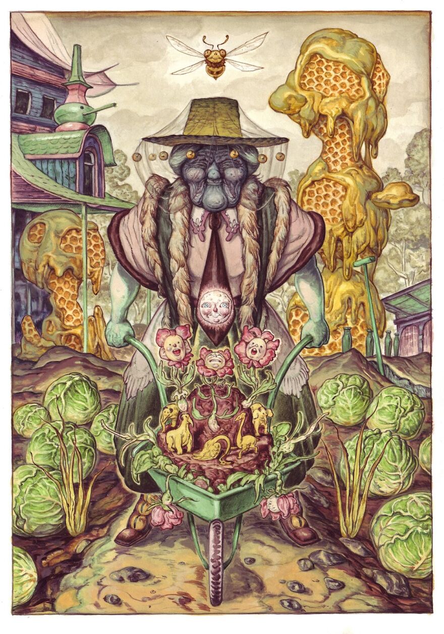Surreal illustration blending science and mystery with otherworldly plants, creatures, and a figure pushing a wheelbarrow.