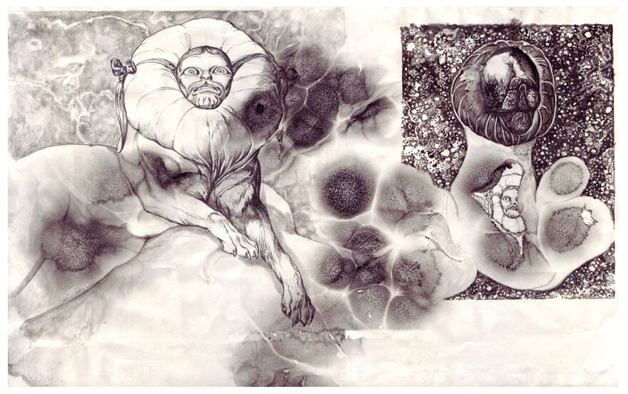 Surreal black and white illustration blending science, mystery, and story into otherworldly, haunting artistic worlds.