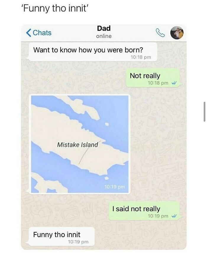 Text message exchange showing British humor with a dad sending a map of Mistake Island and playful chat responses.