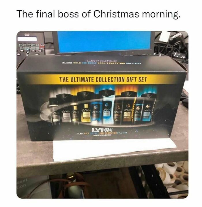 The ultimate Lynx gift set box on a cluttered desk, a popular British meme about Christmas morning challenges