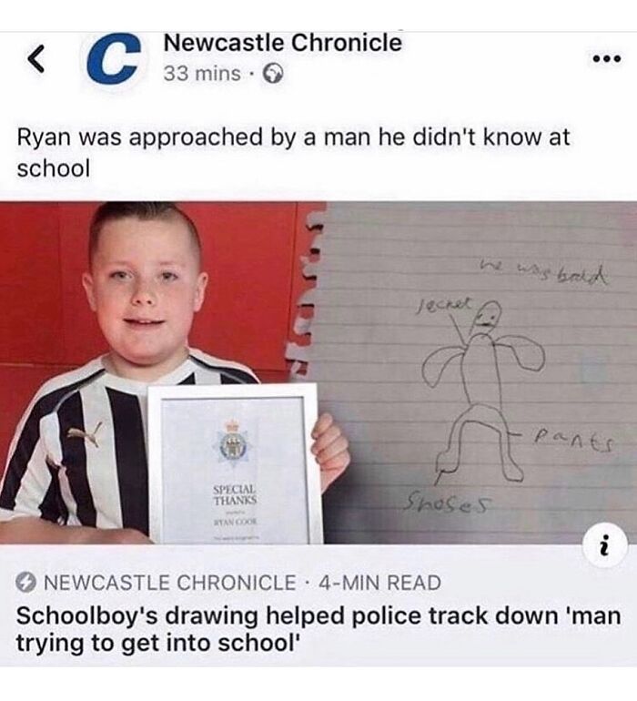 Schoolboy holds award for drawing that helped police track down man, a meme reflecting unapologetically British humor and posts.