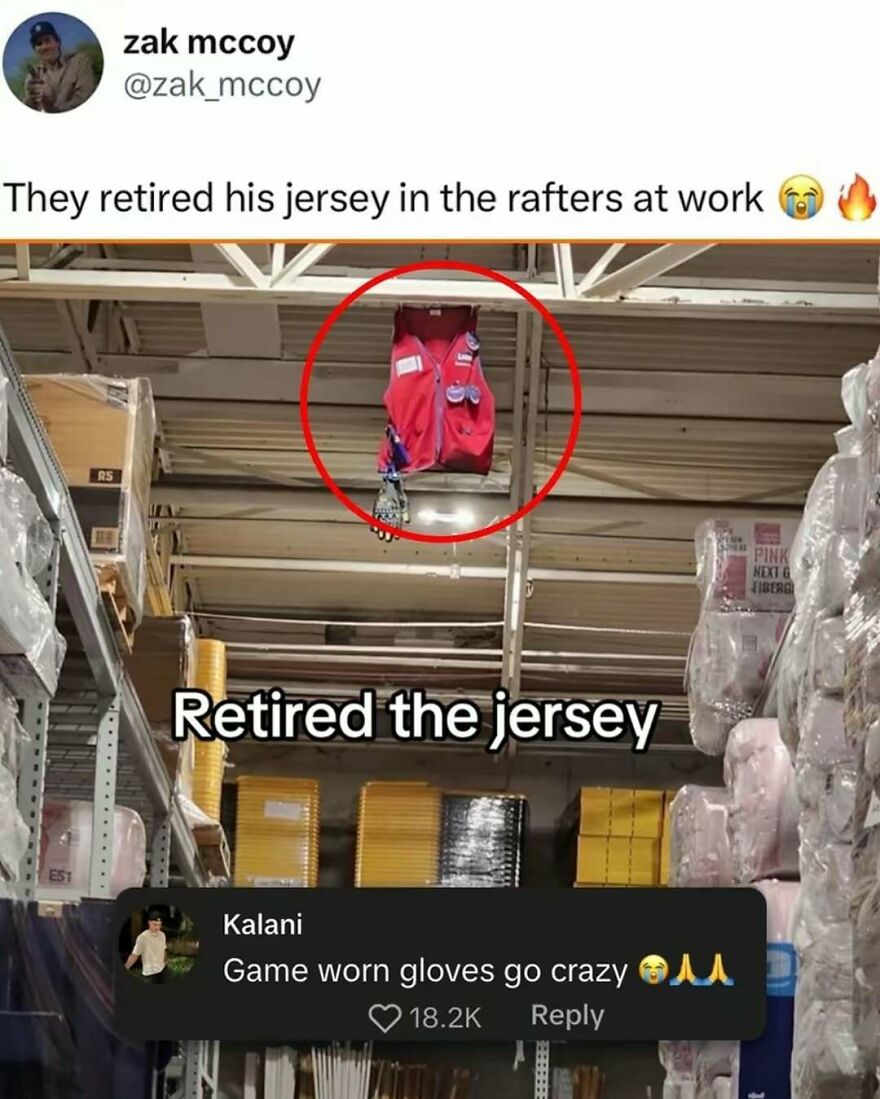Jersey retired in warehouse rafters as a tribute, highlighting relatable dad humor in popular memes and jokes.