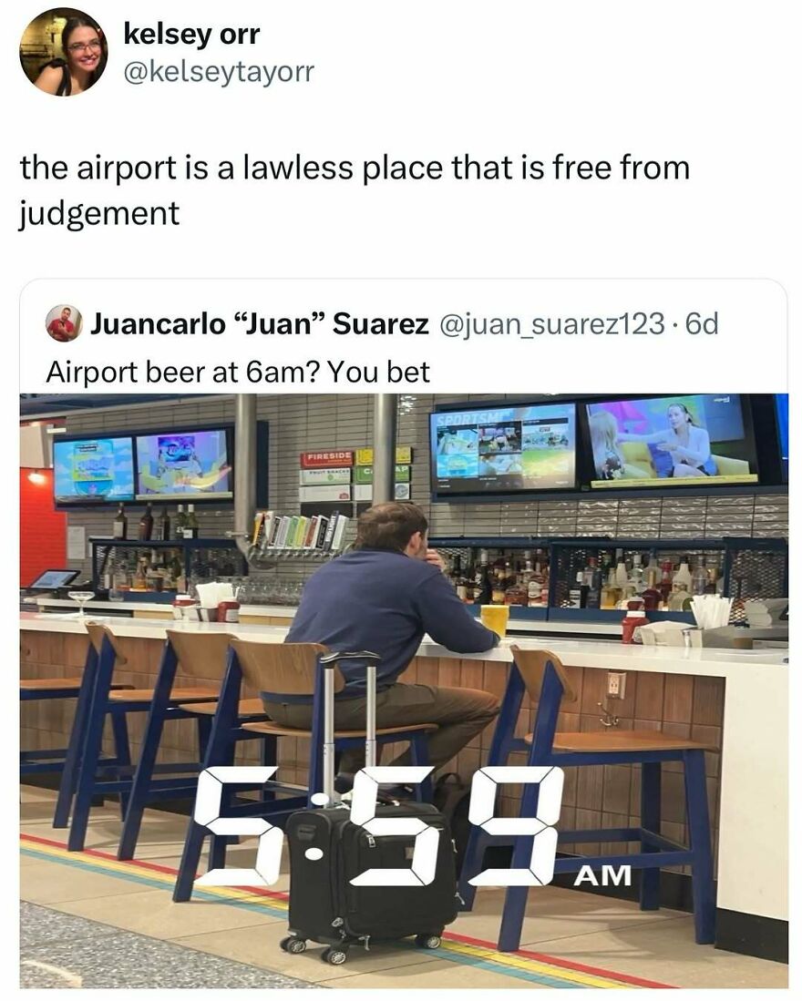 Man drinking beer alone at airport bar early morning, illustrating dad humor and memes about dads being all the same person