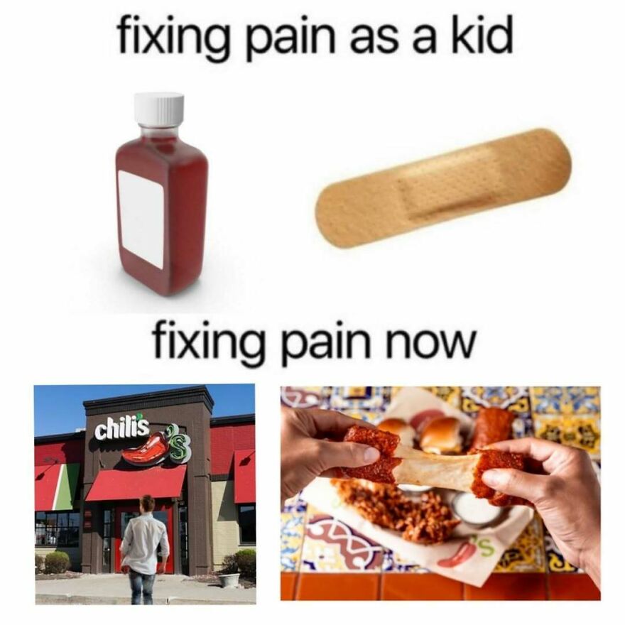 Memes about dads showing childhood remedies like syrup and bandages compared to adult comfort at Chili’s with cheesy food.