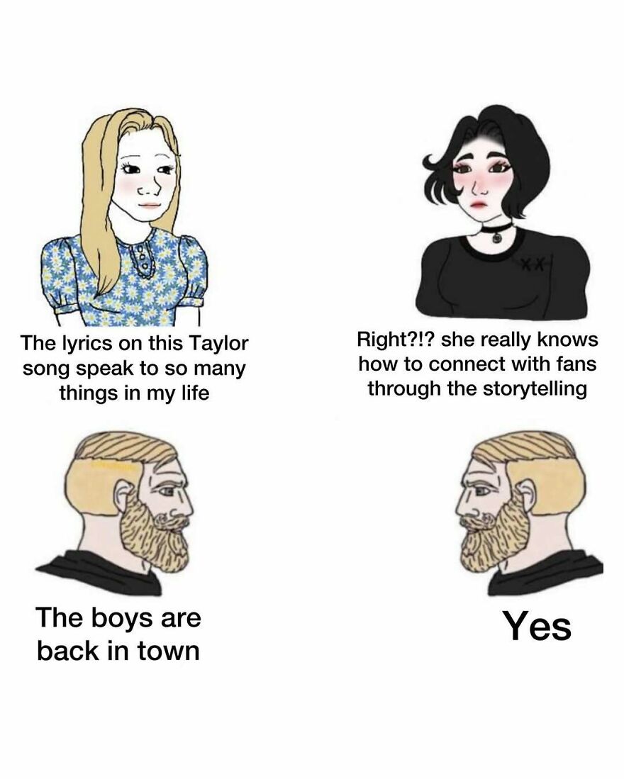 Two women discuss Taylor Swift's lyrics, while two dads respond with a typical dad meme about boys being back in town.