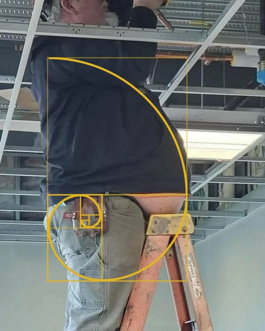 Man working on ceiling while standing on ladder with golden ratio overlay, illustrating dad humor meme concept.