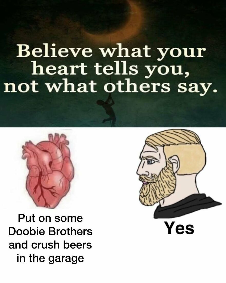 Meme about dads showing a heart and a bearded man agreeing to put on Doobie Brothers and crush beers in the garage.
