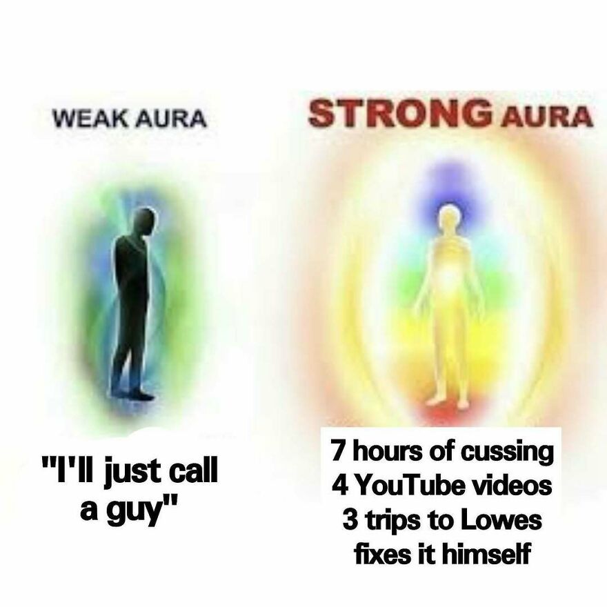 Comparison of weak and strong aura dads with memes about fixing things themselves and dad humor traits.