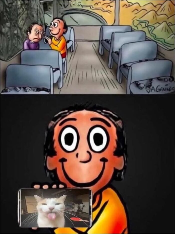 Cartoon of a person on a bus showing a goofy cat photo on their phone, capturing cats completely unaware of how goofy they are. Cartoon of a person on a bus showing a goofy cat photo on their phone, capturing cats completely unaware of how goofy they are.