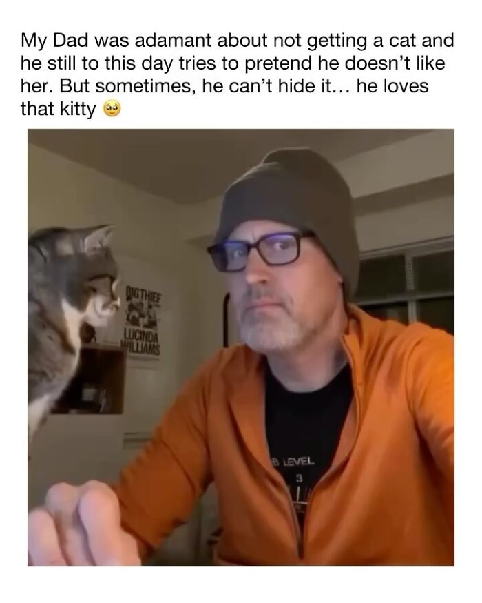 Man in an orange jacket and beanie looking at a cat unaware of how goofy the cat is in a cozy indoor setting. Man in an orange jacket and beanie looking at a cat unaware of how goofy the cat is in a cozy indoor setting.