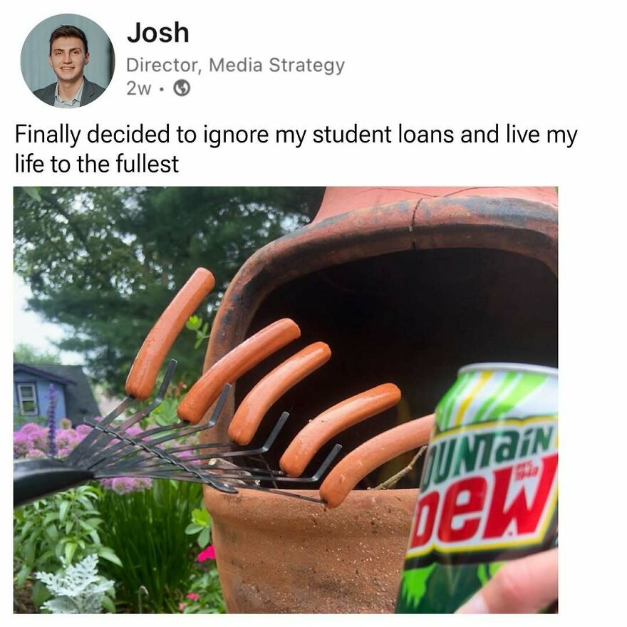Man grilling hot dogs using multiple forks outside with a can of Mountain Dew in the foreground dad memes and jokes.