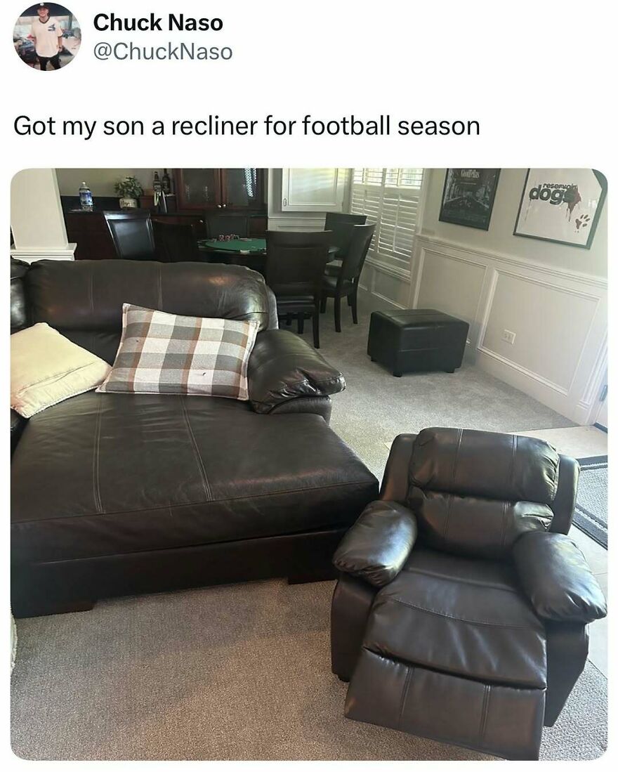 Dad humor showing a small recliner next to a large couch in a living room, highlighting relatable dad memes and jokes.