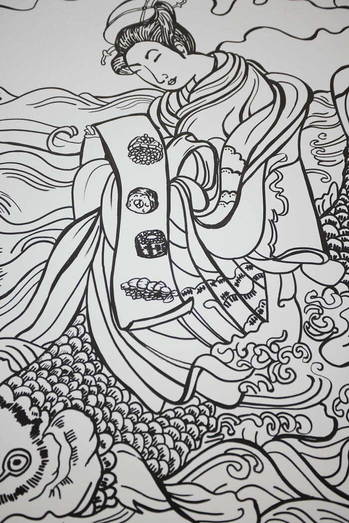 Black and white 2D drawing-style mural in a NYC restaurant featuring a traditional figure with sushi and flowing waves. Black and white 2D drawing-style mural in a NYC restaurant featuring a traditional figure with sushi and flowing waves.