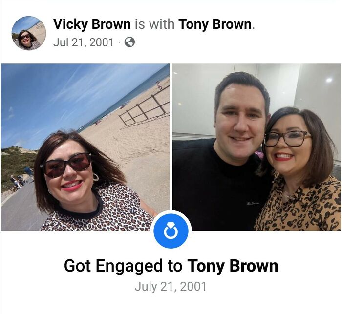 Woman and man smiling together in casual clothes.