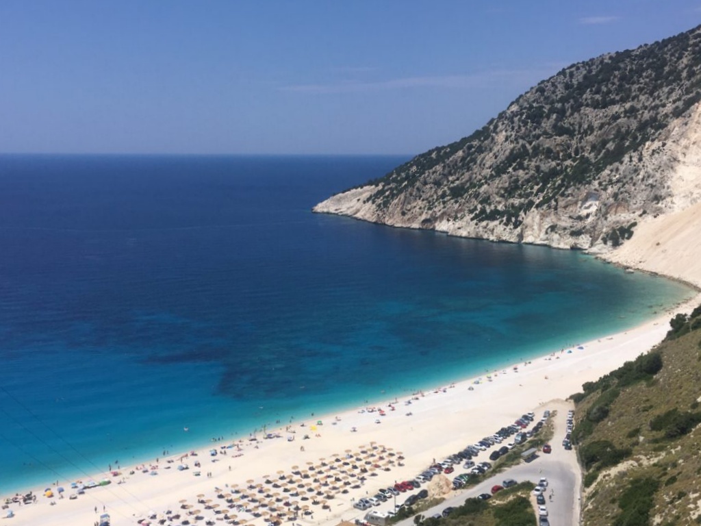 Aerial view of a coastal beach with clear blue water, umbrellas, and parked cars along the shore. Aerial view of a coastal beach with clear blue water, umbrellas, and parked cars along the shore.