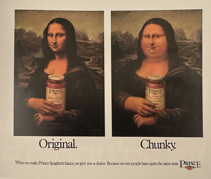 Ad featuring the Mona Lisa in ads showing original and chunky versions holding jars of Prince Spaghetti Sauce.
