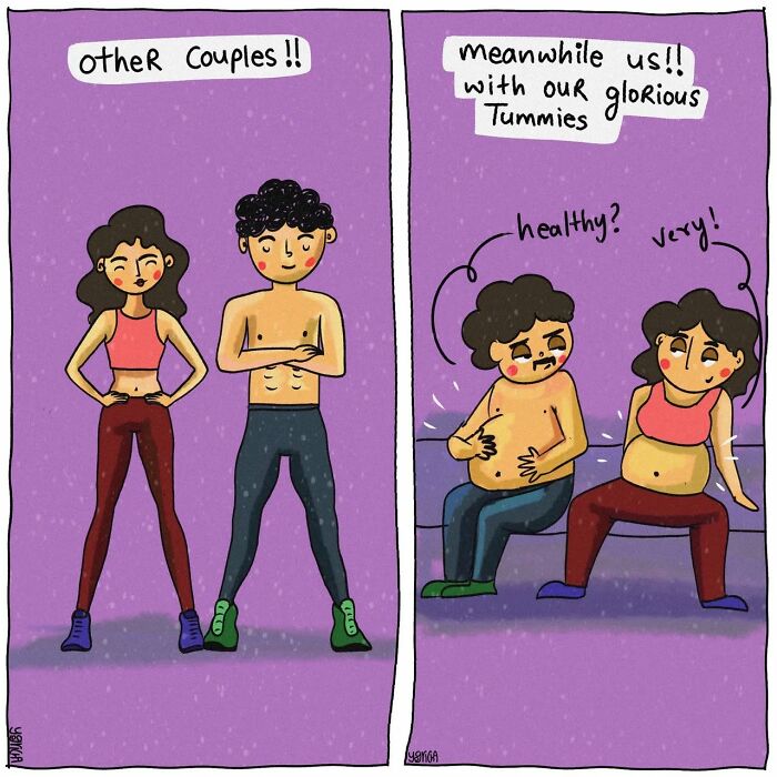 Cartoon illustrating the everyday struggles of modern life with relatable couple humor about body image and health.