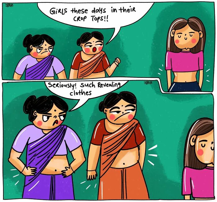 Two women in saris criticize a girl in a crop top, illustrating everyday struggles in relatable comics about modern life.