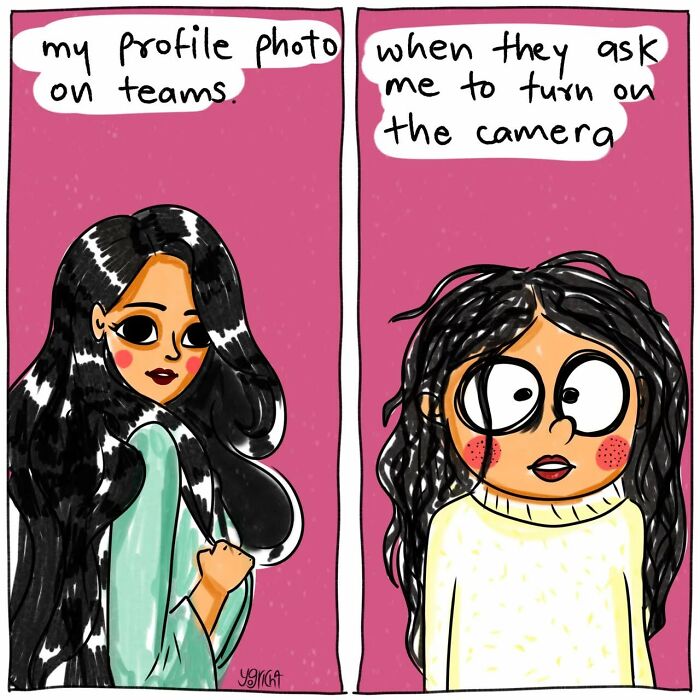 Illustration capturing everyday struggles of modern life showing contrast between online profile photo and turning on the camera.