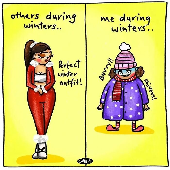 Cartoon showing relatable struggles of modern life with two winter outfits, highlighting everyday challenges in comics.
