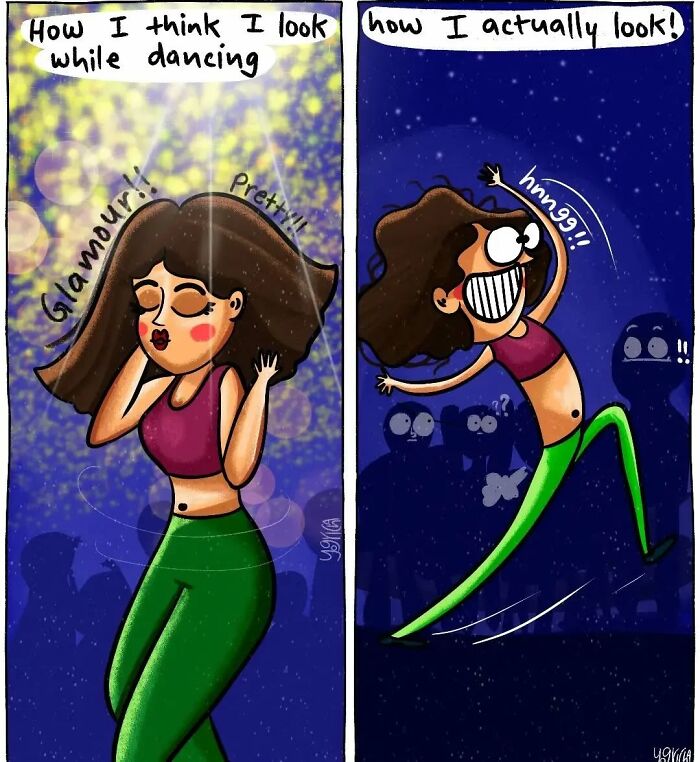 Comic illustrating relatable everyday struggles of modern life with humorous dancing expectations versus reality.