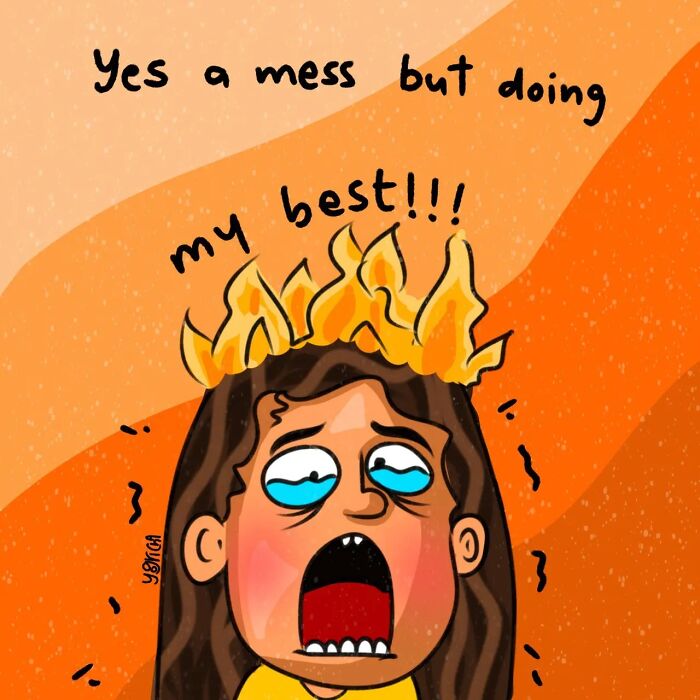 Illustration of a stressed person with hair on fire, capturing the everyday struggles of modern life in relatable comics.
