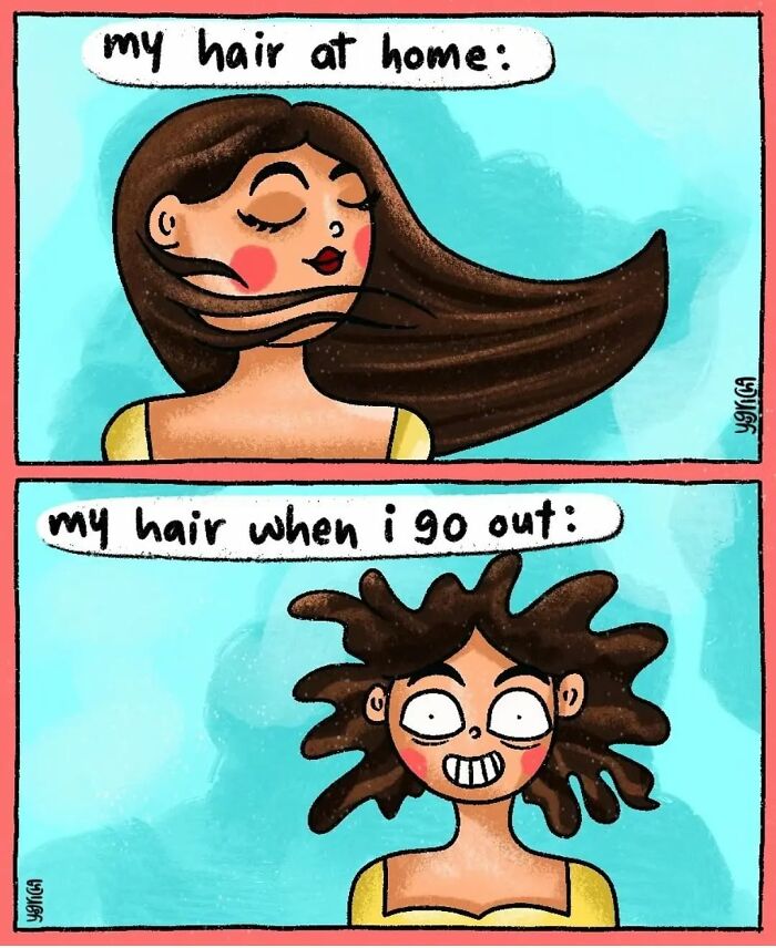 Comic panels showing relatable struggles of modern life with hair looking smooth at home and wild when going out.