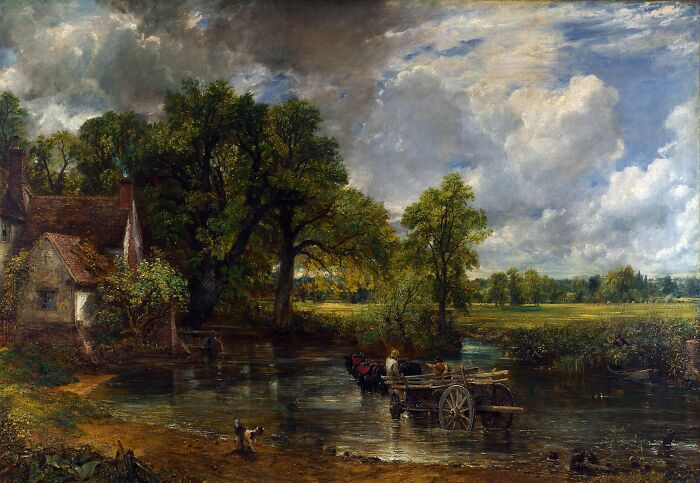 Classic landscape from famous paintings showing a rural scene with trees, water, and a horse-drawn cart in nature.