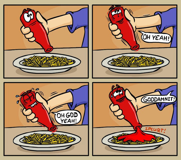 Comic strip by German artist shows a funny, dark take on everyday life with animated ketchup bottle and fries.