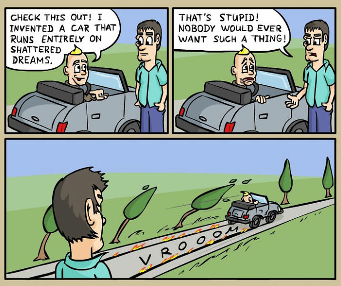 Comic panels by German artist showing darkly funny everyday life with a car running on shattered dreams concept.