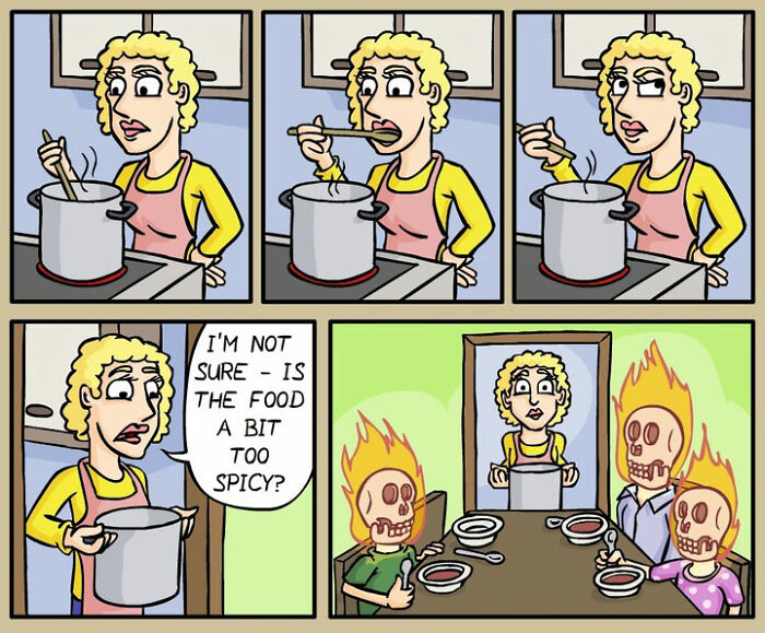 Darkly funny comic by German artist shows a woman cooking spicy food with skeletons on fire at the dinner table.