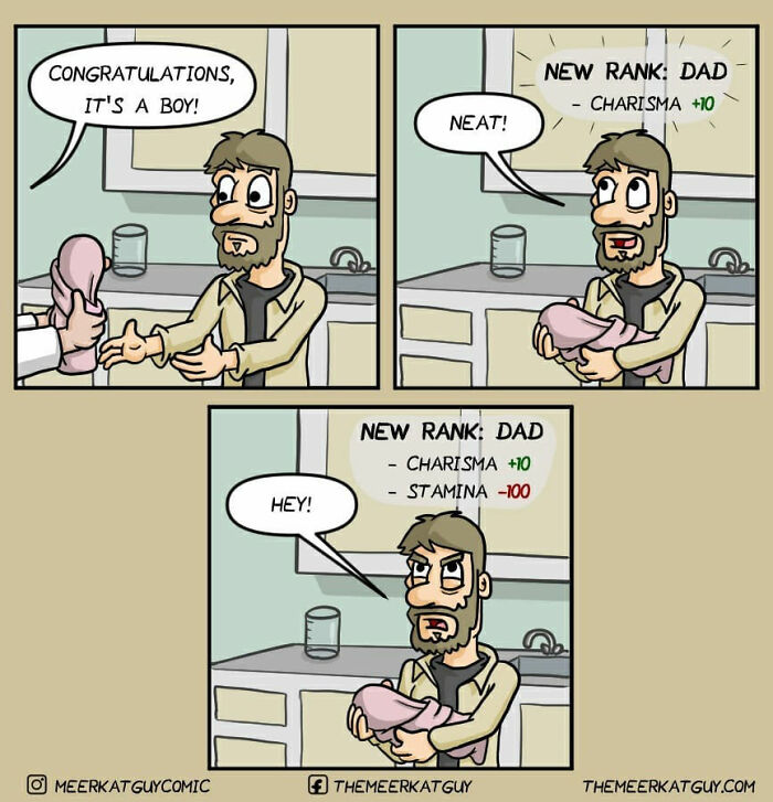 Darkly funny comic of a German artist showing a new dad holding a baby with humor about charisma and stamina.