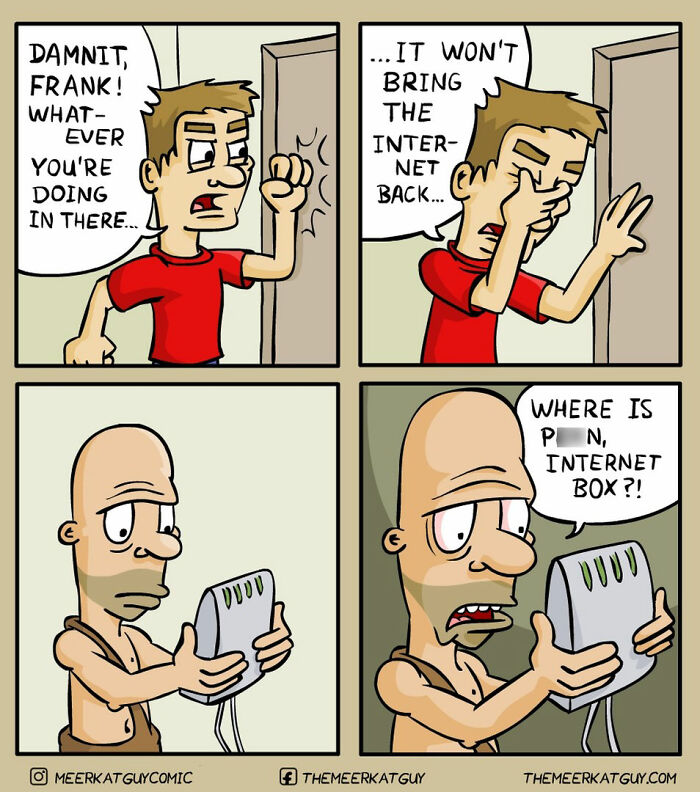 Comic panels showing darkly funny everyday life moments with characters frustrated about the missing internet box.