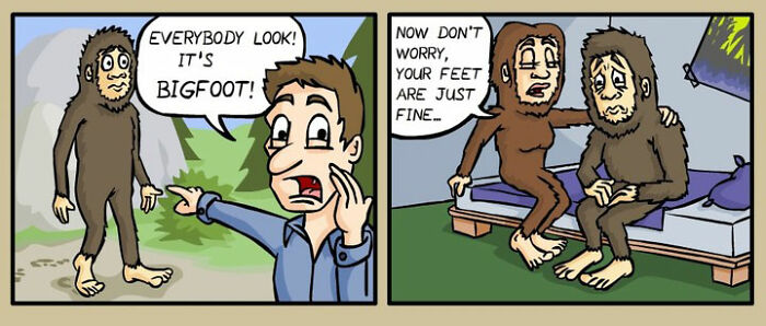 Comic panels showing a German artist's darkly funny everyday life comic with Bigfoot and a surprised man.