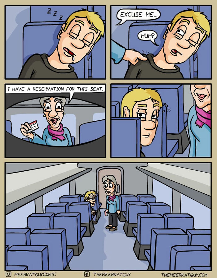 Man asleep on train seat disturbed by passenger with reservation in darkly funny comic about everyday life.
