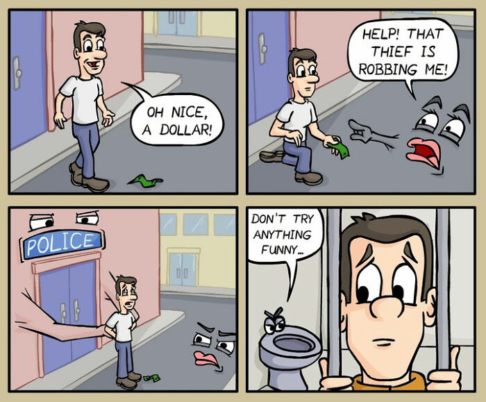 Comic strip by German artist showing darkly funny everyday life moments with a man and animated objects in a city setting.