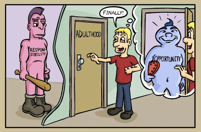 Comic illustration by German artist depicting adulthood with darkly funny everyday life themes and contrasting characters.