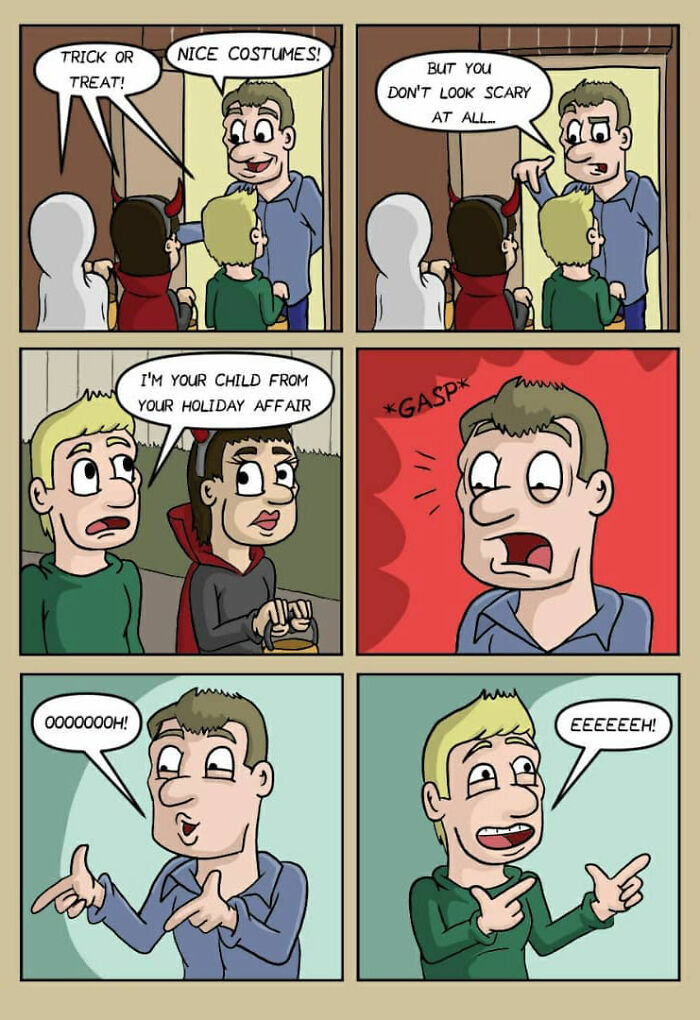 Darkly funny comics by German artist showing Halloween trick-or-treaters and a surprising holiday affair reveal in everyday life.