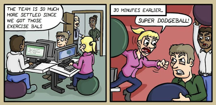 Comic panels showing office workers using exercise balls and playing dodgeball, depicting darkly funny everyday life by a German artist.