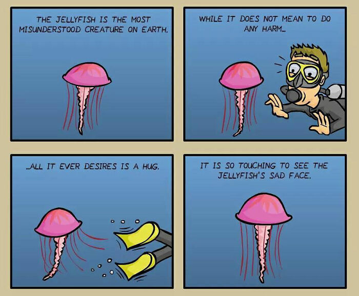 Comic panels by German artist showing a misunderstood jellyfish seeking a hug with darkly funny everyday life humor.