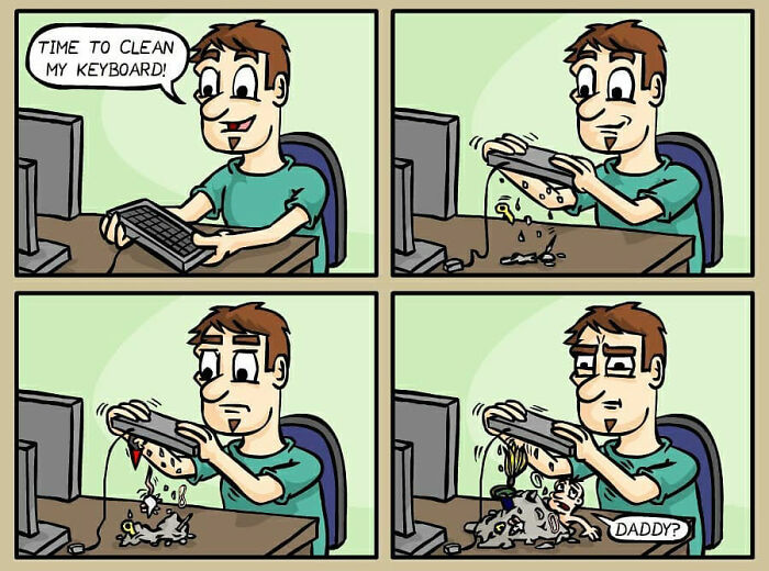 Comic strip by German artist humorously revealing surprising mess inside a keyboard, reflecting everyday life with darkly funny comics.